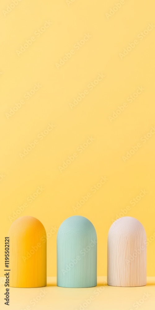 Poster minimalist display of colorful wooden figures on yellow background