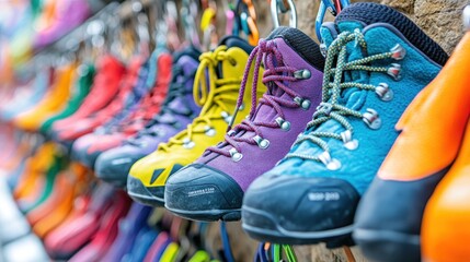 Colorful hiking boots hanging on wall.