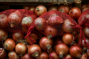 Fresh organic onions packed in red mesh bags, stacked in a rustic wooden crate, showcasing natural textures and vivid colors