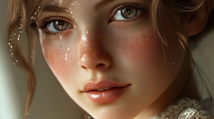 Realistic close-up portrait of young female with freckles and wet hair highlights