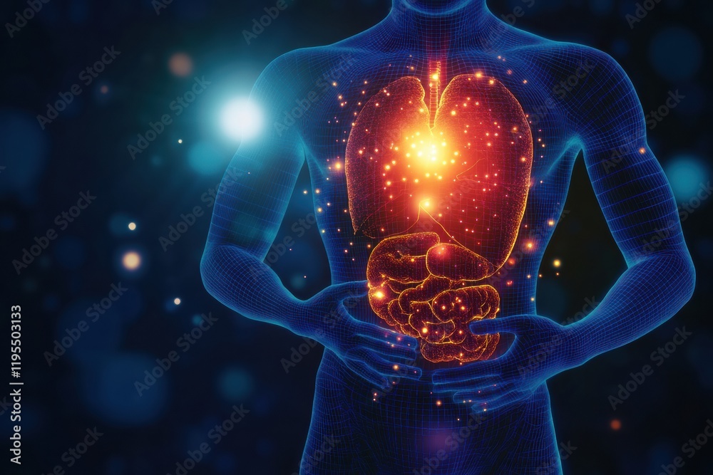Poster glowing human torso with bright central point emphasizing internal organs and energy flow. generativ
