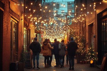 Obraz premium Urban Winter Celebration Group Brainstorming Streetlight Decorations Under Golden Alleyway Lights
