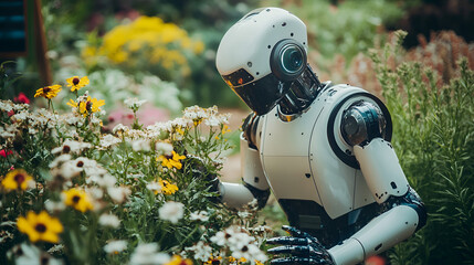 A robotic gardener tending to flowers in a lush green garden