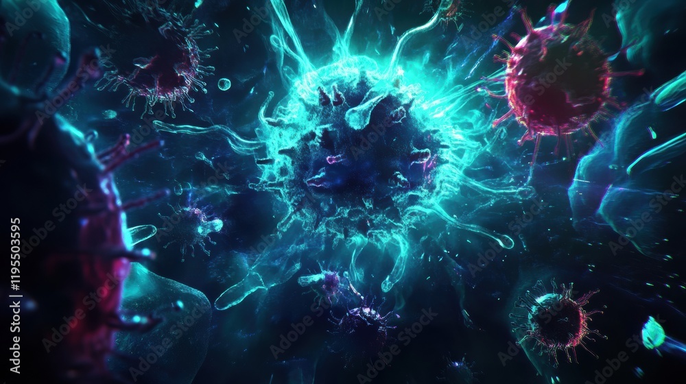 Poster Glowing cell amidst menacing viruses in a vibrant molecular environment at night. Generative AI