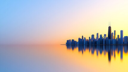 Fototapeta premium Serene city skyline reflects softly in calm water at sunrise. AI Generated