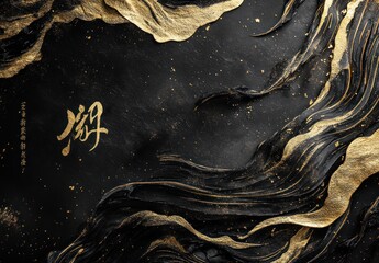 Gold ink abstract art, dark background, textured design, luxury, Asian calligraphy