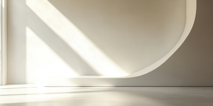 Sunlight streams through the window, highlighting a beautifully curved wall in a minimalist interior, creating a tranquil and inviting atmosphere