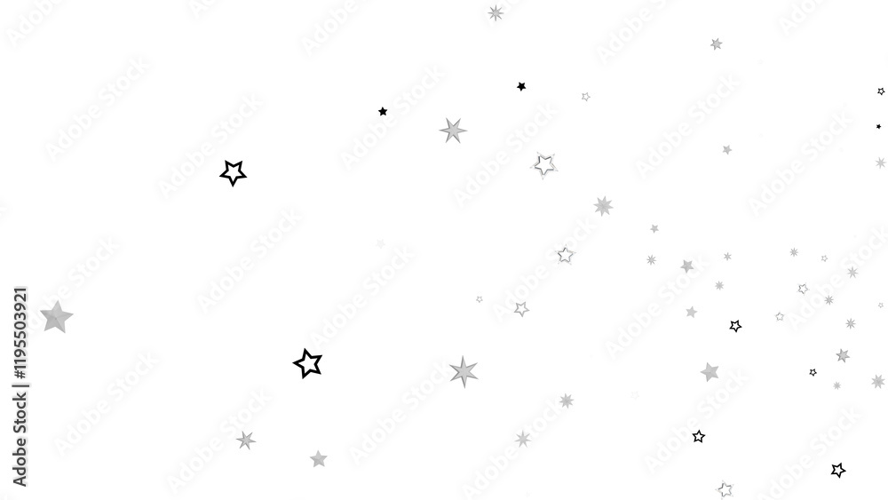 Poster a digital illustration of scattered silver stars on a black background. the stars are of different s