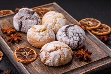 Sweet freshly baked round cookies of several types