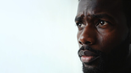 Obraz premium closeup of a face of a crying black man on white background 