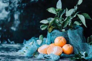Fresh oranges green leaves with blue netting