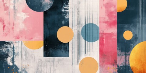 Bold, colorful shapes and circles create an abstract composition, leveraging blues, pinks, and oranges against a textured backdrop for visual impact