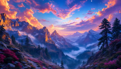 Majestic Sunset Mountain Landscape with Colorful Sky