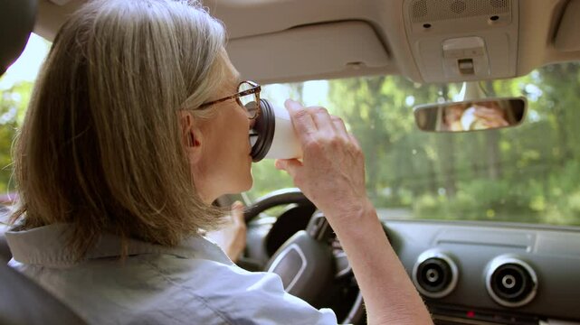 Back view elderly mature aged Caucasian satisfied taxi cab driver automobile owner woman female driving steering wheel car inside auto steer vehicle riding morning drinking coffee cup drink beverage