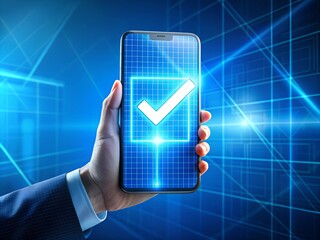 A hand presents a sleek smartphone showcasing a luminous check mark in a grid pattern, symbolizing verification or approval in a futuristic digital environment