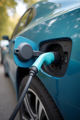 Close-up of electric car charging, eco-friendly transport concept.
