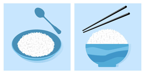 Rice bowl, chopsticks, rice plate and spoon icon set on blue background vector. 