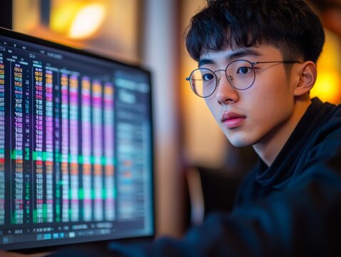 Focused Young Man Analyzing Data on Laptop in Modern Setting