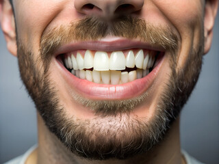 A man beams with joy, revealing a bright smile that highlights his well-groomed beard and straight teeth. The simple background enhances the cheerful expression and warm atmosphere