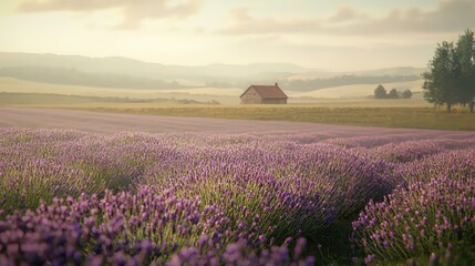 Serene Lavender Field at Sunrise with a Rustic Farmhouse