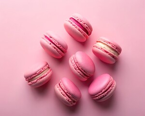 Fototapeta premium A beautiful assortment of pink macarons rests on a gentle pink background, showcasing their delicate textures and creamy filling. The treat invites indulgence with its playful charm