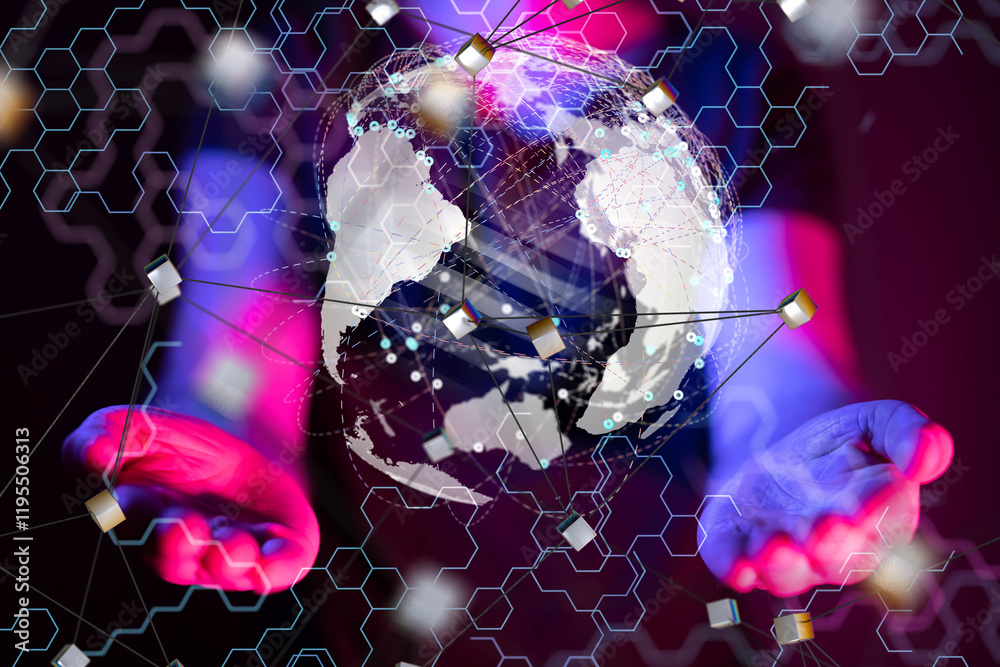 Aufkleber world Global network. Blockchain. 3D illustration. Neural networks and artificial intelligence. Abstract