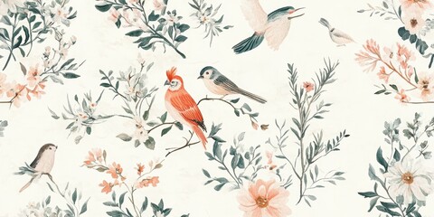 Fototapeta premium Brightly colored birds rest on branches adorned with soft blossoms, creating a peaceful and harmonious atmosphere in a lush floral setting