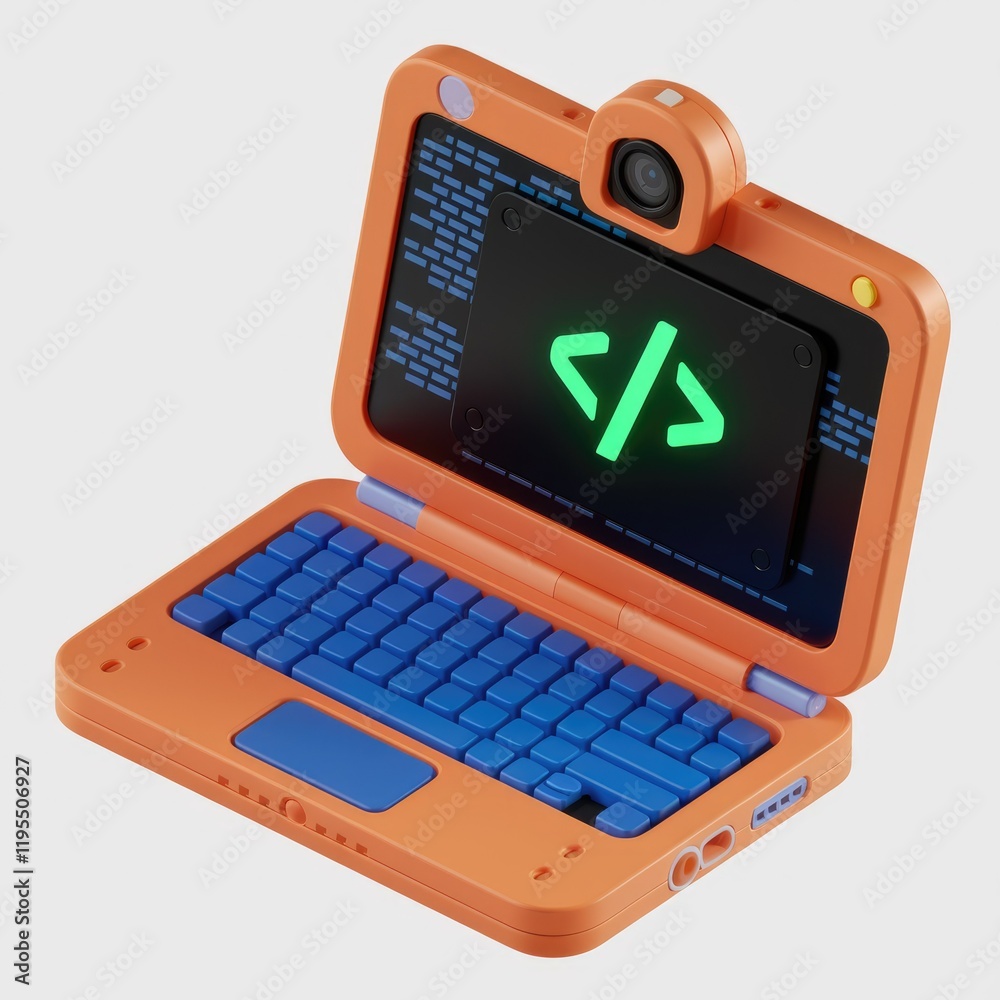 Poster A retro-styled orange laptop displays coding symbols, suggesting programming or software development.