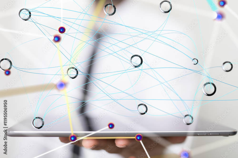 Poster Global network. Blockchain. 3D illustration. Neural networks and artificial intelligence. Abstract