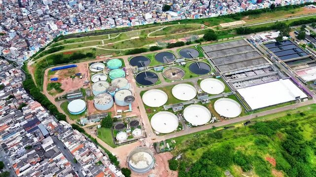 Aerial View of the S&atilde;o Bernardo do Campo Sewage Treatment Plant - Essential Urban Infrastructure in Brazil.