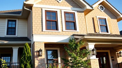 Fototapeta premium Luxury Home Exterior: Modern Brick House with Landscaped Garden