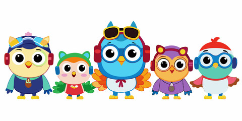 Cute Cartoon Owls with Aviator Goggles, Winter Hat, and Pirate Hat in Kawaii Style