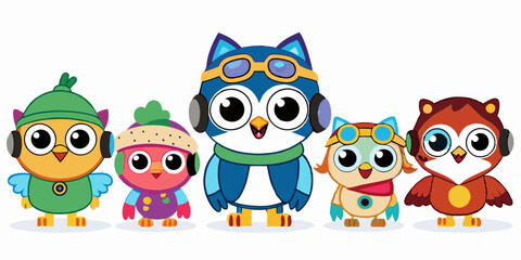 Cute Cartoon Owls with Aviator Goggles, Winter Hat, and Pirate Hat in Kawaii Style