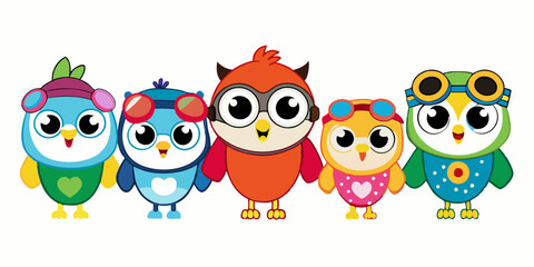 Cute Cartoon Owls with Aviator Goggles, Winter Hat, and Pirate Hat in Kawaii Style
