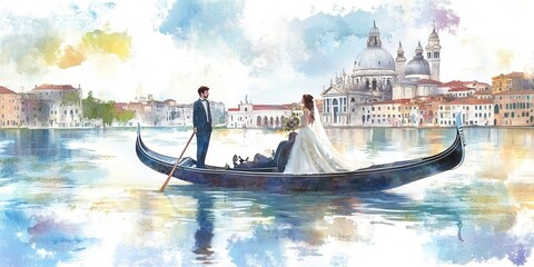 Obraz premium A couple dressed in wedding attire enjoys a romantic gondola ride in Venice, gliding through serene waters with stunning historic buildings in the background