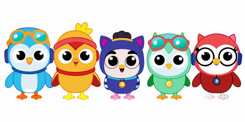 Cute Cartoon Owls with Aviator Goggles, Winter Hat, and Pirate Hat in Kawaii Style