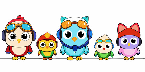 Cute Cartoon Owls with Aviator Goggles, Winter Hat, and Pirate Hat in Kawaii Style