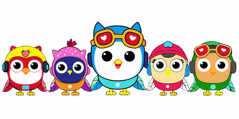 Cute Cartoon Owls with Aviator Goggles, Winter Hat, and Pirate Hat in Kawaii Style