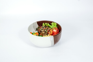 Rice bowl sambal matah is suitable for spicy food lovers in the morning with a white background 