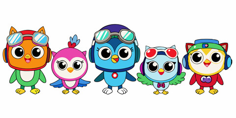 Cute Cartoon Owls with Aviator Goggles, Winter Hat, and Pirate Hat in Kawaii Style
