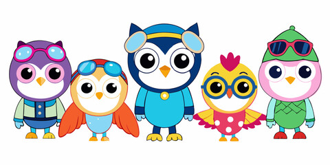 Cute Cartoon Owls with Aviator Goggles, Winter Hat, and Pirate Hat in Kawaii Style