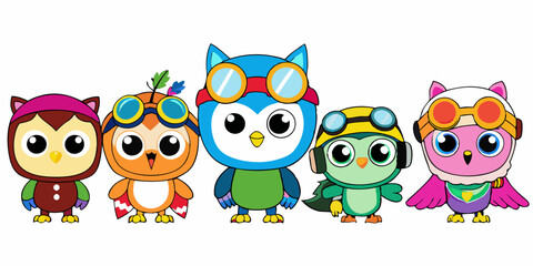 Cute Cartoon Owls with Aviator Goggles, Winter Hat, and Pirate Hat in Kawaii Style