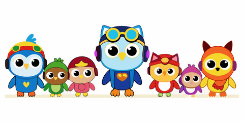 Cute Cartoon Owls with Aviator Goggles, Winter Hat, and Pirate Hat in Kawaii Style
