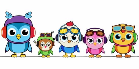 Cute Cartoon Owls with Aviator Goggles, Winter Hat, and Pirate Hat in Kawaii Style