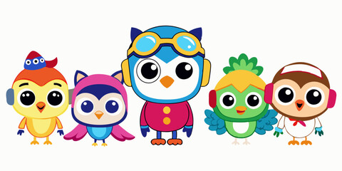Cute Cartoon Owls with Aviator Goggles, Winter Hat, and Pirate Hat in Kawaii Style