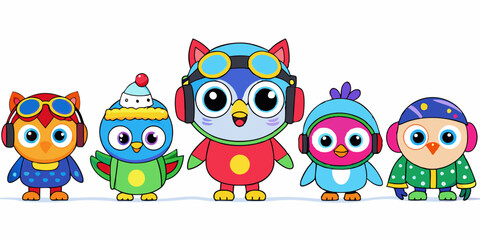 Cute Cartoon Owls with Aviator Goggles, Winter Hat, and Pirate Hat in Kawaii Style