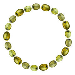 Olives and black olives berries, hand-drawn in watercolor. Round frame of olives, rounded botanical clipart. Template for greeting card, label, etc.