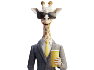 Isolated Giraffe in Gray Suit with Sunglasses and Cup