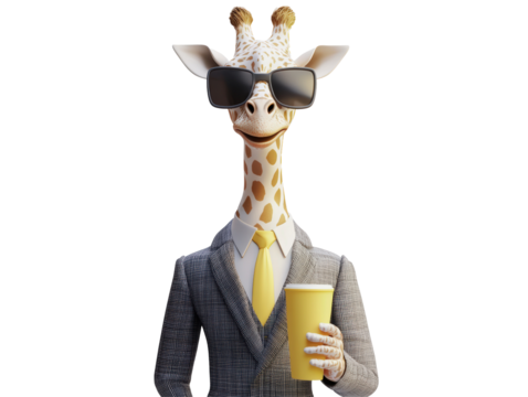 Isolated Giraffe in Gray Suit with Sunglasses and Cup