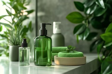 Eco-friendly beauty products creating a refreshing and natural atmosphere in a modern bathroom